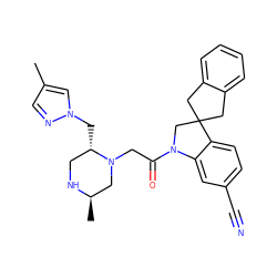 Cc1cnn(C[C@H]2CN[C@H](C)CN2CC(=O)N2CC3(Cc4ccccc4C3)c3ccc(C#N)cc32)c1 ZINC000221255342