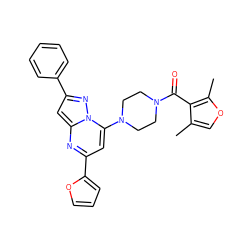 Cc1coc(C)c1C(=O)N1CCN(c2cc(-c3ccco3)nc3cc(-c4ccccc4)nn23)CC1 ZINC000095570816