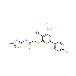 Cc1coc(NC(=O)CSc2nc(-c3ccc(Cl)cc3)cc(C(F)(F)F)c2C#N)n1 ZINC000001125857