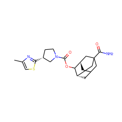 Cc1csc([C@@H]2CCN(C(=O)OC3[C@H]4CC5C[C@H]3CC(C(N)=O)(C5)C4)C2)n1 ZINC000205399451