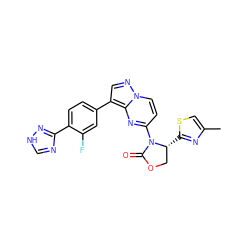 Cc1csc([C@@H]2COC(=O)N2c2ccn3ncc(-c4ccc(-c5nc[nH]n5)c(F)c4)c3n2)n1 ZINC000116186446