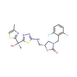 Cc1csc([C@](C)(O)c2nnc(NC[C@@H]3CN(Cc4c(F)cccc4F)C(=O)O3)s2)n1 ZINC000103283538