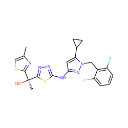 Cc1csc([C@](C)(O)c2nnc(Nc3cc(C4CC4)n(Cc4c(F)cccc4F)n3)s2)n1 ZINC000103283533