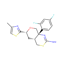 Cc1csc([C@H]2C[C@H]3CSC(N)=N[C@@]3(c3ccc(F)cc3F)CO2)n1 ZINC000146162535