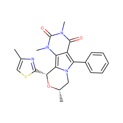 Cc1csc([C@H]2O[C@@H](C)Cn3c(-c4ccccc4)c4c(=O)n(C)c(=O)n(C)c4c32)n1 ZINC000209511906