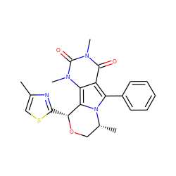 Cc1csc([C@H]2OC[C@@H](C)n3c(-c4ccccc4)c4c(=O)n(C)c(=O)n(C)c4c32)n1 ZINC000209536176
