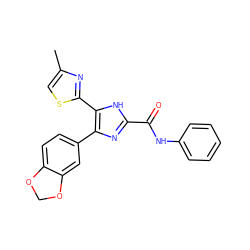 Cc1csc(-c2[nH]c(C(=O)Nc3ccccc3)nc2-c2ccc3c(c2)OCO3)n1 ZINC000073312547