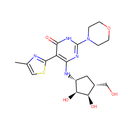 Cc1csc(-c2c(N[C@@H]3C[C@H](CO)[C@@H](O)[C@H]3O)nc(N3CCOCC3)[nH]c2=O)n1 ZINC001772637880