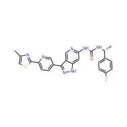 Cc1csc(-c2ccc(-c3n[nH]c4cc(NC(=O)N[C@H](C)c5ccc(F)cc5)ncc34)cn2)n1 ZINC000473233221