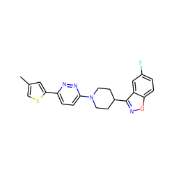 Cc1csc(-c2ccc(N3CCC(c4noc5ccc(F)cc45)CC3)nn2)c1 ZINC000218765053