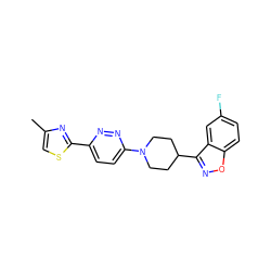 Cc1csc(-c2ccc(N3CCC(c4noc5ccc(F)cc45)CC3)nn2)n1 ZINC000218764920