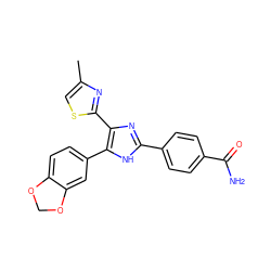 Cc1csc(-c2nc(-c3ccc(C(N)=O)cc3)[nH]c2-c2ccc3c(c2)OCO3)n1 ZINC000073295200