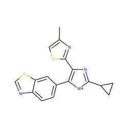 Cc1csc(-c2nc(C3CC3)[nH]c2-c2ccc3ncsc3c2)n1 ZINC000095564003