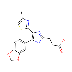 Cc1csc(-c2nc(CCC(=O)O)[nH]c2-c2ccc3c(c2)OCO3)n1 ZINC000073311900