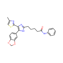 Cc1csc(-c2nc(CCCCC(=O)Nc3ccccc3)[nH]c2-c2ccc3c(c2)OCO3)n1 ZINC000073294496