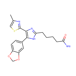 Cc1csc(-c2nc(CCCCC(N)=O)[nH]c2-c2ccc3c(c2)OCO3)n1 ZINC000073402791