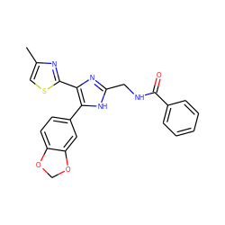 Cc1csc(-c2nc(CNC(=O)c3ccccc3)[nH]c2-c2ccc3c(c2)OCO3)n1 ZINC000073312228