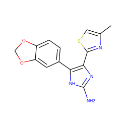 Cc1csc(-c2nc(N)[nH]c2-c2ccc3c(c2)OCO3)n1 ZINC000073389774