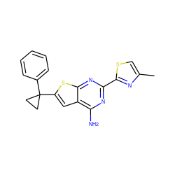 Cc1csc(-c2nc(N)c3cc(C4(c5ccccc5)CC4)sc3n2)n1 ZINC000096908912