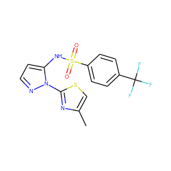 Cc1csc(-n2nccc2NS(=O)(=O)c2ccc(C(F)(F)F)cc2)n1 ZINC000146141363