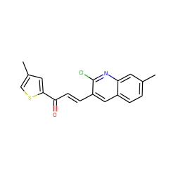 Cc1csc(C(=O)/C=C/c2cc3ccc(C)cc3nc2Cl)c1 ZINC000073223411