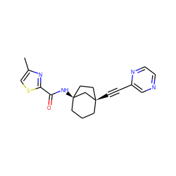 Cc1csc(C(=O)N[C@@]23CCC[C@@](C#Cc4cnccn4)(CC2)C3)n1 ZINC000205001659