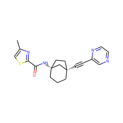 Cc1csc(C(=O)N[C@]23CCC[C@](C#Cc4cnccn4)(CC2)C3)n1 ZINC000205001700