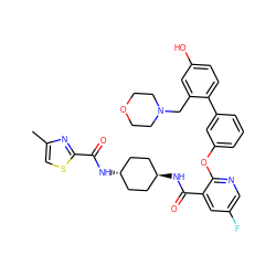 Cc1csc(C(=O)N[C@H]2CC[C@H](NC(=O)c3cc(F)cnc3Oc3cccc(-c4ccc(O)cc4CN4CCOCC4)c3)CC2)n1 ZINC000167969363