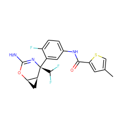 Cc1csc(C(=O)Nc2ccc(F)c([C@@]3(C(F)F)N=C(N)O[C@@H]4C[C@@H]43)c2)c1 ZINC000226075516