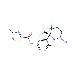 Cc1csc(C(=O)Nc2ccc(F)c([C@@]3(C(F)F)NC(=N)CCC3(F)F)c2)n1 ZINC001772589135