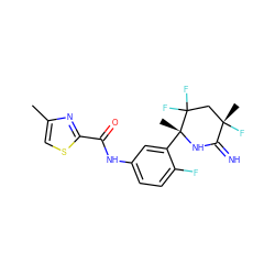 Cc1csc(C(=O)Nc2ccc(F)c([C@@]3(C)NC(=N)[C@@](C)(F)CC3(F)F)c2)n1 ZINC001772629777