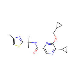 Cc1csc(C(C)(C)NC(=O)c2cnc(C3CC3)c(OCC3CC3)n2)n1 ZINC000207378533