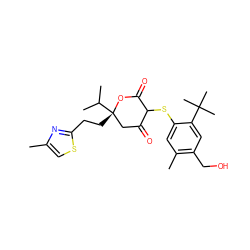 Cc1csc(CC[C@]2(C(C)C)CC(=O)C(Sc3cc(C)c(CO)cc3C(C)(C)C)C(=O)O2)n1 ZINC000026389620