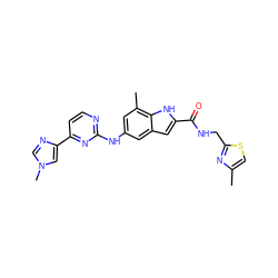 Cc1csc(CNC(=O)c2cc3cc(Nc4nccc(-c5cn(C)cn5)n4)cc(C)c3[nH]2)n1 ZINC000205653708