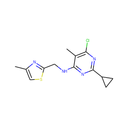 Cc1csc(CNc2nc(C3CC3)nc(Cl)c2C)n1 ZINC000132677829