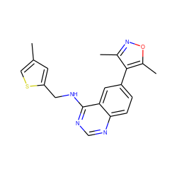 Cc1csc(CNc2ncnc3ccc(-c4c(C)noc4C)cc23)c1 ZINC000013816135