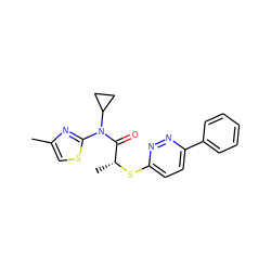 Cc1csc(N(C(=O)[C@@H](C)Sc2ccc(-c3ccccc3)nn2)C2CC2)n1 ZINC000084758924