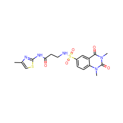 Cc1csc(NC(=O)CCNS(=O)(=O)c2ccc3c(c2)c(=O)n(C)c(=O)n3C)n1 ZINC000004034950