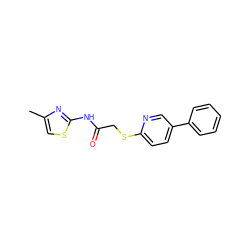 Cc1csc(NC(=O)CSc2ccc(-c3ccccc3)cn2)n1 ZINC000084759197