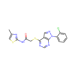 Cc1csc(NC(=O)CSc2ncnc3c2cnn3-c2ccccc2Cl)n1 ZINC000001346535