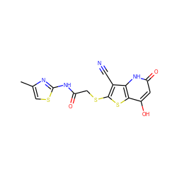 Cc1csc(NC(=O)CSc2sc3c(O)cc(=O)[nH]c3c2C#N)n1 ZINC000013119381