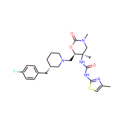 Cc1csc(NC(=O)N[C@]2(C)CN(C)C(=O)O[C@@H]2CN2CCC[C@@H](Cc3ccc(F)cc3)C2)n1 ZINC000040395688