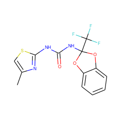 Cc1csc(NC(=O)NC2(C(F)(F)F)Oc3ccccc3O2)n1 ZINC000000212672