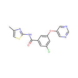 Cc1csc(NC(=O)c2cc(Cl)cc(Oc3cncnc3)c2)n1 ZINC000096939169