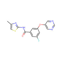 Cc1csc(NC(=O)c2cc(F)cc(Oc3cncnc3)c2)n1 ZINC000068251494