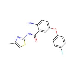 Cc1csc(NC(=O)c2cc(Oc3ccc(F)cc3)ccc2N)n1 ZINC000040915507