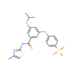 Cc1csc(NC(=O)c2cc(Oc3ccc(S(C)(=O)=O)cc3)cc(OC(C)C)c2)n1 ZINC000003987100