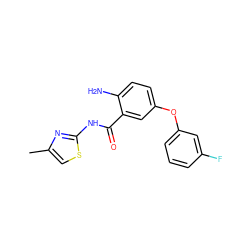 Cc1csc(NC(=O)c2cc(Oc3cccc(F)c3)ccc2N)n1 ZINC000040915505