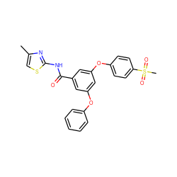 Cc1csc(NC(=O)c2cc(Oc3ccccc3)cc(Oc3ccc(S(C)(=O)=O)cc3)c2)n1 ZINC000040943186