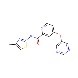 Cc1csc(NC(=O)c2cc(Oc3cncnc3)ccn2)n1 ZINC000167359897